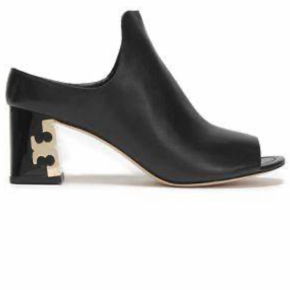 Tory Burch Gold T Heel Open Toe Black Leather Mule 9.5 EUC